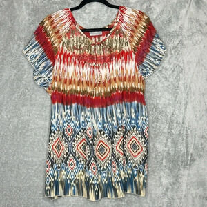 Avenue 18 20 1X Shirt Top Blue Red Striped Short Sleeve Keyhole Scoop Neck Sheer